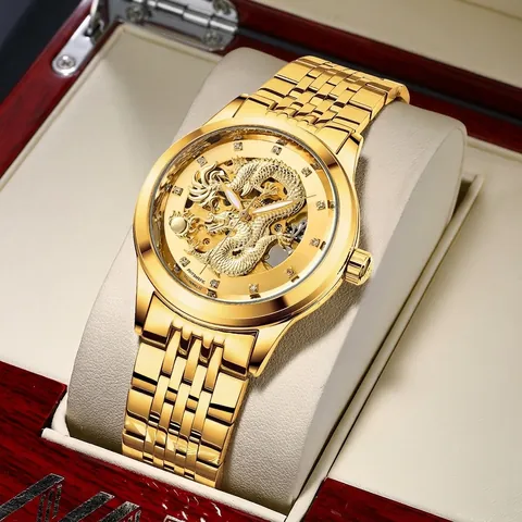 Men Automatic Mechanical Watch Gold Dragon Carved Skeleton Dial Waterproof Luxury Business Stainless Steel Band Luminous