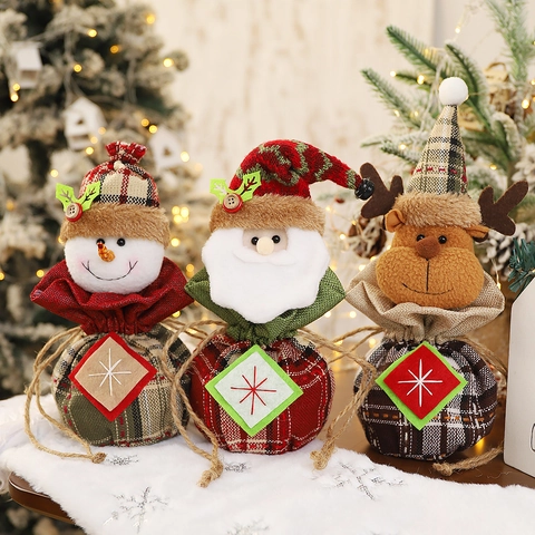 Weihnachts-Geschenkbeutel Kordelzug Karo Stoff Leinen 3D Cartoon Weihnachtsmann Schneemann Rentier Festliche Süßigkeitentüte