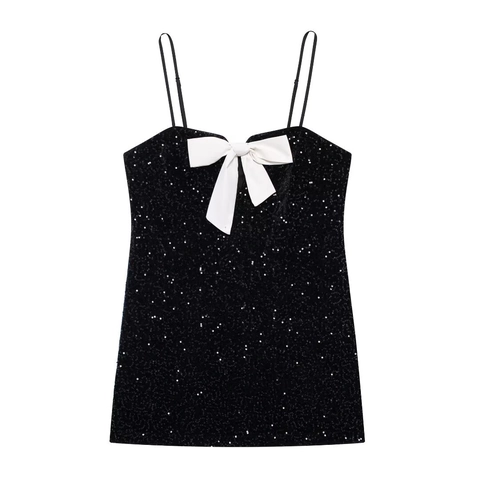 Pailletten Trägerkleid Mini A-Linie Mit Großer Kontrast 3D Schleife Ärmellos Party Elegant Süßer Stil Für Frauen