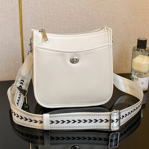 Women Shoulder Bag PU Leather Lychee Pattern Square Crossbody Purse With Wide Geometric Strap Twist Lock Casual Fashion
