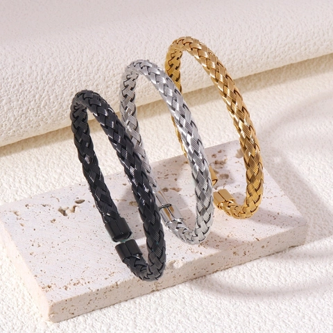 Stainless Steel Braided Cuff Bracelet Twisted Wire Open C Shape Minimalist Industrial Style Fashion Jewelry For Men Women