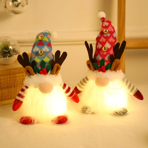 Weihnachtsgnom Rentiergeweih Plüsch LED Leuchtend Glühend Schreibtisch Ornament Strickstoff Kunstpelz Mit Goldener Glocke