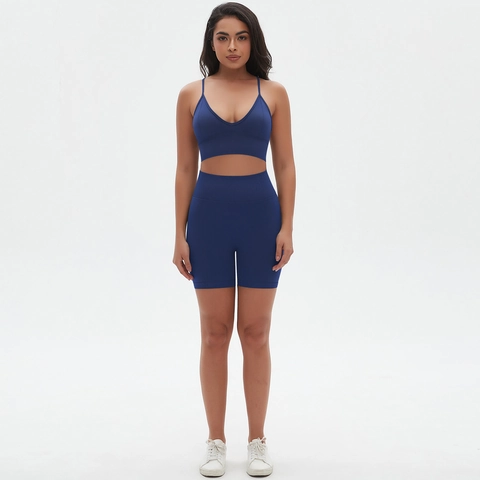 Women Seamless Yoga Outfit Spaghetti Strap Sports Bra And High Waist Shorts Ribbed Workout Gym Fitness Activewear