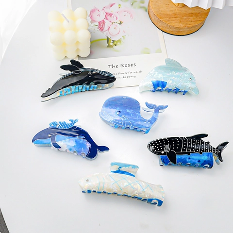 Whale Shark Dolphin Hair Claw Clip Sea Animal Acetate Marbled Blue Ocean Style Hair Grip For Women Girls Unique