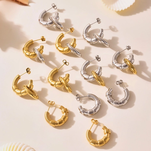 Stainless Steel C-Shaped Hoop Earrings Double Loop Nesting Spiral Knot Design French Retro Geometric Jewelry For Women
