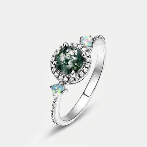 S925 Sterlingsilber Moosachat Ring Für Damen Rund Halo Strass Eingelegt Alexandrit Stein Vintage Mode Finger Schmuck