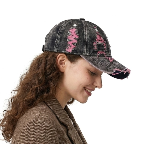 Berretto da Baseball in Denim Lavato Effetto Invecchiato Con Buchi Sfilacciati Colorati Vintage Streetwear Cappello Trucker Regolabile Parasole Unisex