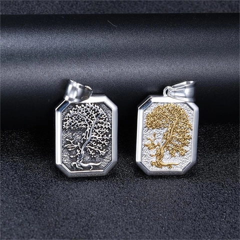Collar Árbol De La Vida Acero Inoxidable Colgante Rectangular Relieve Joyería Vintage Para Hombres Cadena Caja Naturaleza