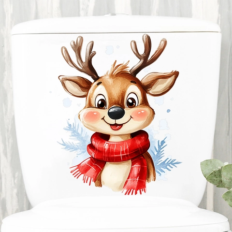 Christmas Cartoon Reindeer Toilet Sticker Waterproof PVC Decal Red Scarf Deer Bathroom Home Decor Holiday Ornament