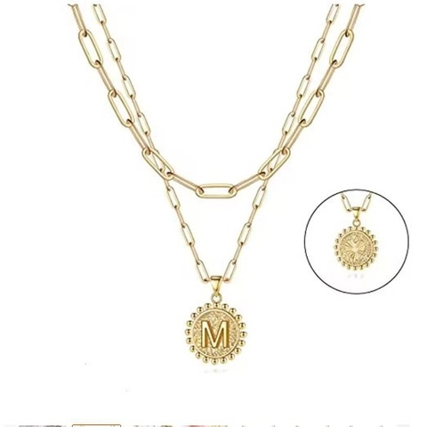 Fashion Gold Zinc Alloy Double Layer Paperclip Chain Initial Pendant Necklace For Women Retro Alphabet Round Coin Necklaces