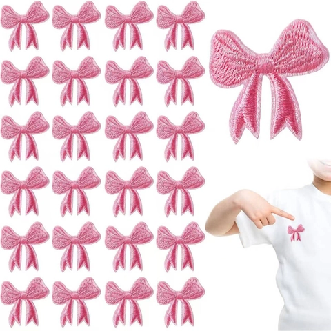 Pink Bowknot Embroidery Patches Decorative Fabric Iron On Appliques For Clothes Bags DIY Sewing Ornament For Girls