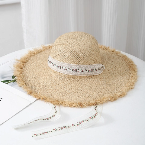 Wide Brim Raffia Straw Sun Hat French Style Floral Embroidery Lace Ribbon Beach Vacation Breathable Elegant For Women