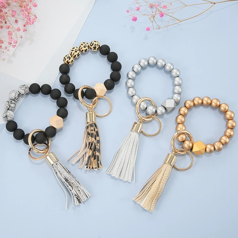 Black Matte Silicone Wood Bead Wristlet Keychain With Leather Tassel Animal Leopard Snake Pattern Fashion Bracelet Key Ring