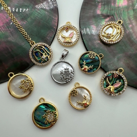 Runde Anhänger Natürliche Abalone Perlmutt Muschel 18K Vergoldet Kupfer Zirkon Für DIY Schmuckherstellung Schmuckanhänger