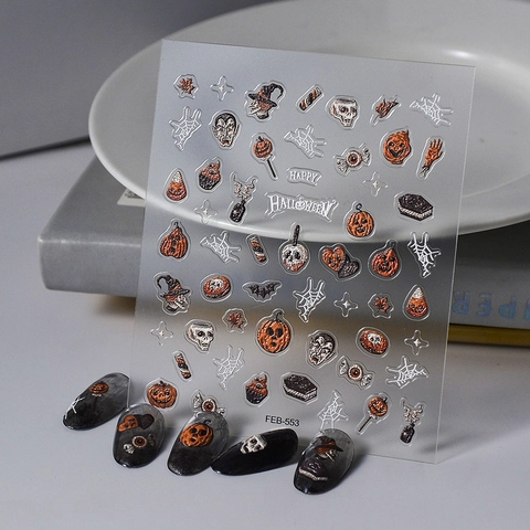 Halloween Nagelstickers 3D Reliëf Pompoen Skelet Spinnenweb Vleermuis Ontwerpen Feestelijke Manicure Decals Voor Dames