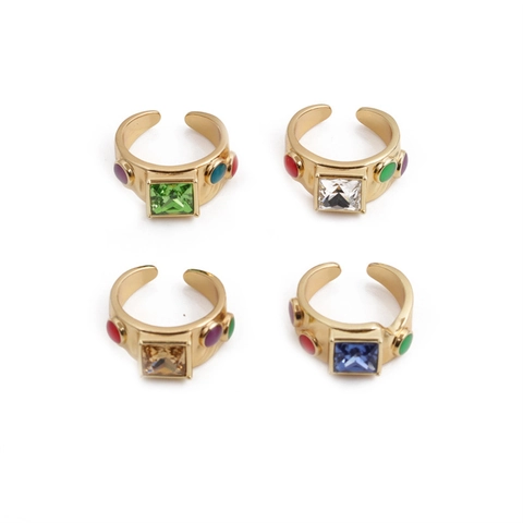Vintage Boheemse Verstelbare Ring 18K Verguld Koper Grote Vierkante Zirkoon Veelkleurige Strassteentjes