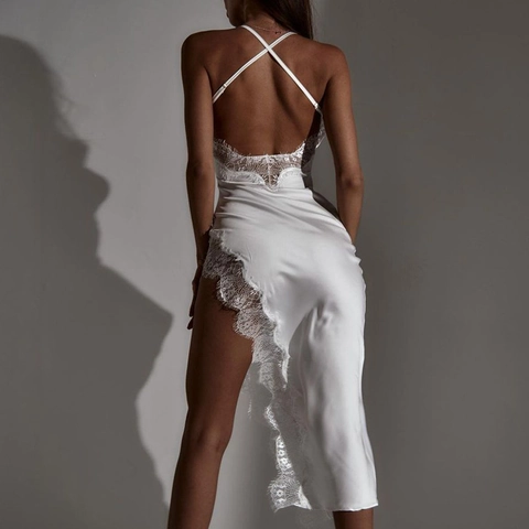 Women Satin Lace Patchwork Cami Midi Dress Sexy Backless High Slit Slim Fit Elegant Party Evening Wear