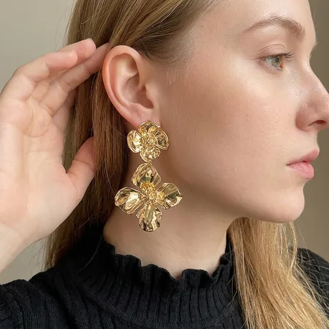 Gold Alloy Textured Flower Earrings With 925 Sterling Silver Earring Post Double Layered Oversized Jewelry For Women