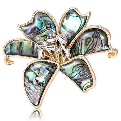 Broche de Flor de Lirio de Concha de Abulón para Mujer Aleación de Oro Diamantes de Imitación Incrustados Corsage Accesorios de Joyería