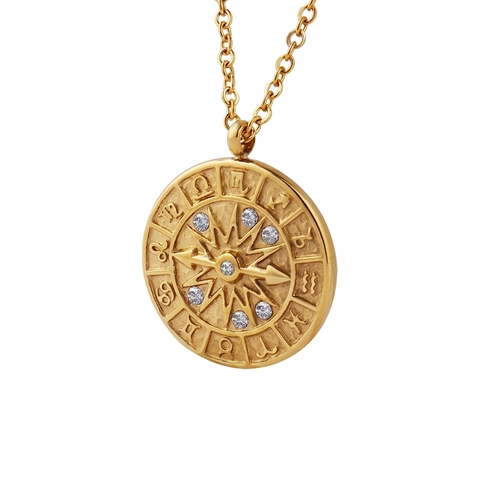 Collana Con Ciondolo Bussola Segni Zodiacali Vintage Placcata Oro 18K Acciaio Al Titanio Zircone Gioielli Per Donna
