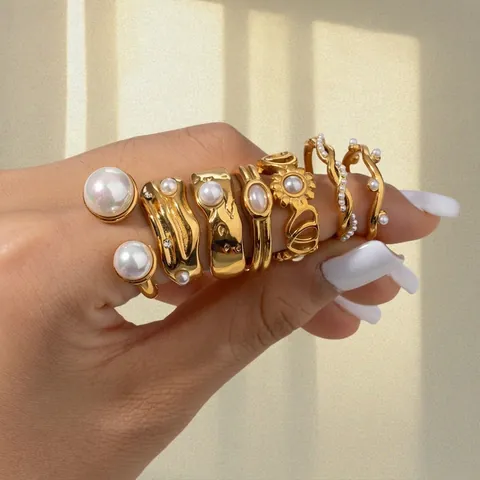 Edelstahl Künstliche Perlenring Für Damen Wasserdicht Vergoldet Geometrischer Eleganter Modeschmuck