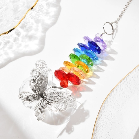 Crystal Suncatcher Butterfly Hanging Ornament Prism Rainbow Maker Faceted Ball For Window Home Garden Decor