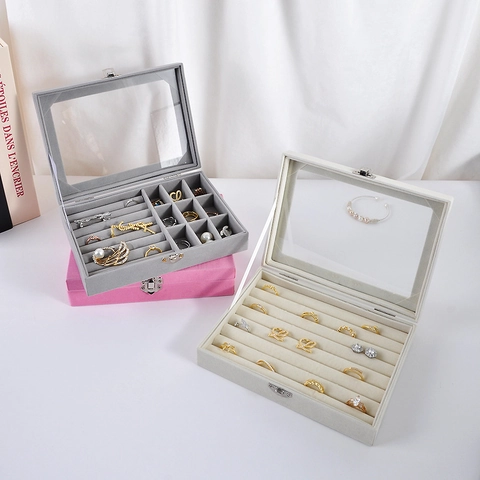 Samt Schmuckkästchen Organizer Mit Glasdeckel Für Ringe Ohrringe Halskette Display Aufbewahrung Staubdicht