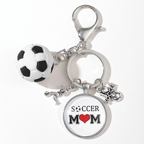 Soccer Keychain With Metal Player Silhouette Plastic Football And Glass Charm Pendant Sport Fan Soccer Mom Gift Silver