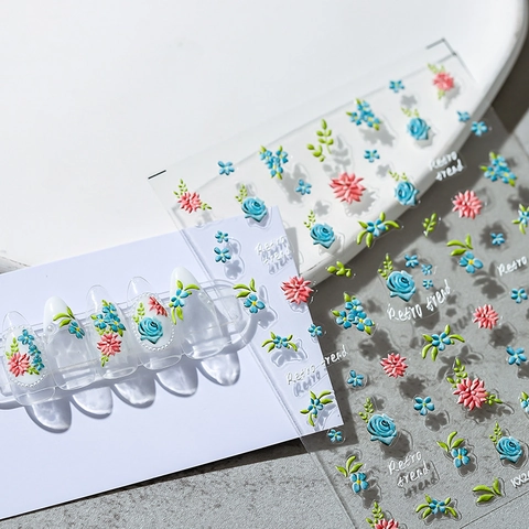 Autocollants Ongles 5D Relief 3D Gaufré Floral Papillon Décalcomanies Auto Adhésives Rétro Fleur Manucure DIY Décoration Femmes
