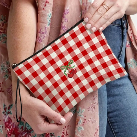 Borsa Per Cosmetici Gingham Stampa Ciliegie Pochette Trucco In Lino Fine Con Cinturino Da Polso Organizzatore Da Viaggio