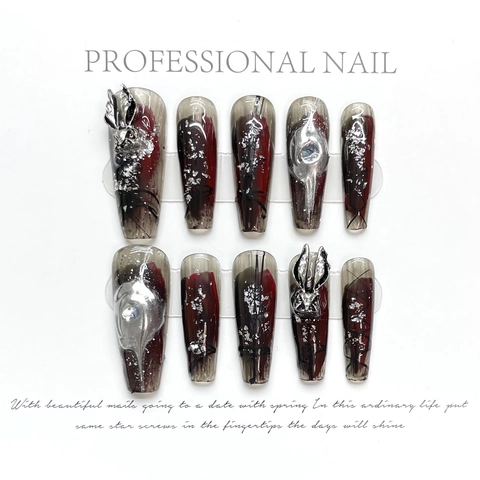 Handgemachte Press On Nails Dunkle Gothik Rot Schwarz Ombre 3D Metall Hase Liquid Metal Lange Sargform Punk Y2K Stil