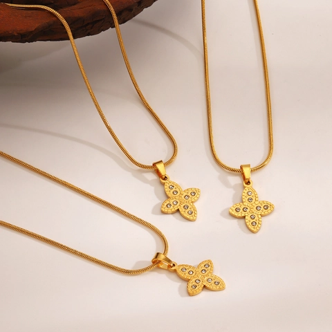 Collar Con Colgante De Trébol De Acero Inoxidable Con Circón Cadena De Serpiente Chapada En Oro Joyería Geométrica Minimalista Para Mujer