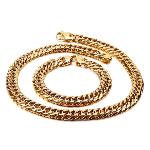 Men Curb Chain Necklace And Bracelet Stainless Steel Gold Black Punk Hip Hop Trendy Link Chunky Jewelry