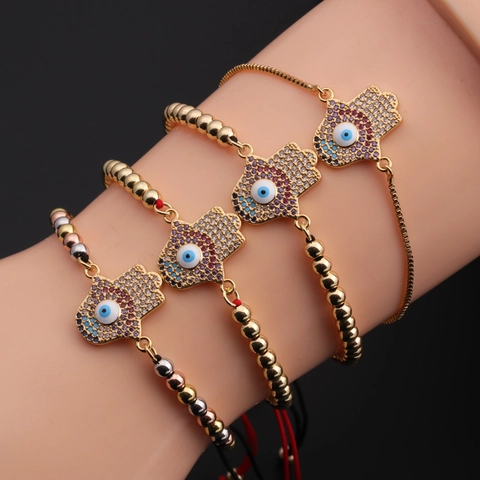 Evil Eye Hamsa Hand Bracelet Copper Cubic Zirconia Adjustable Braided Cord Turkish Ethnic Jewelry For Women