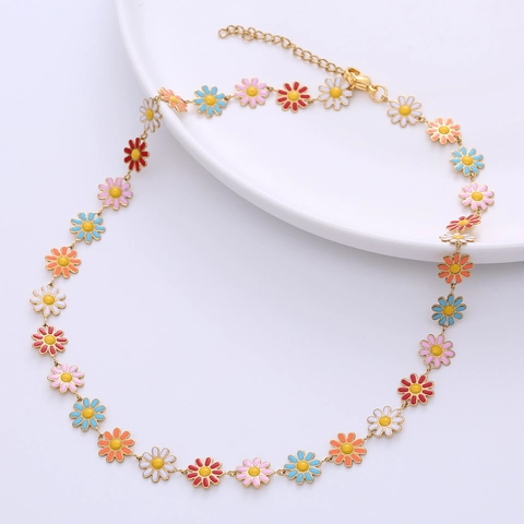 Bohemian Daisy Flower Necklace Colorful Enamel 18K Gold Plated Stainless Steel Adjustable Chain Jewelry For Women
