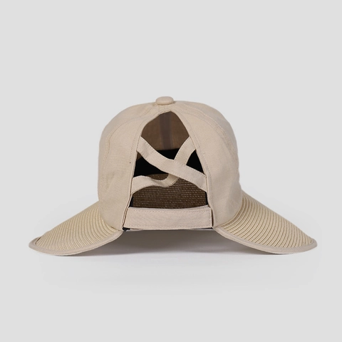 Women Summer Wide Brim Sun Hat Cotton Linen Straw Patchwork Ponytail Hole Breathable Protection Foldable Beach Cap