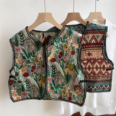 Ethno-Stil Bestickte Weste Schal Für Damen Vintage Jacquard Blumen Geometrisch Ärmellos Schultertuch