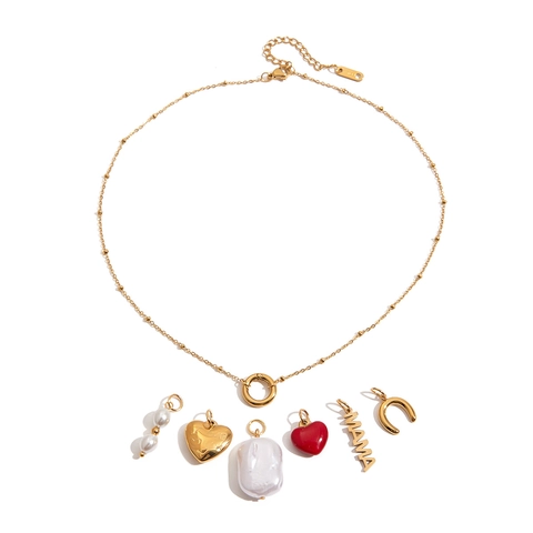 Collana In Acciaio Inossidabile Placcato Oro 18K Con Perla Artificial Smalto Cuore Lettera Mama Ferro Di Cavallo Ciondoli Gioielli Da Donna