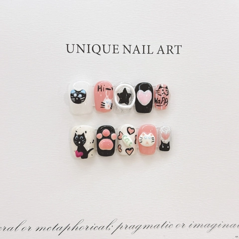 Handmade Dark Cat Pink Black Press On Nails With 3D Heart Star Resin Decor Cute Sweet Cool Style Short Coffin False Nails Kit