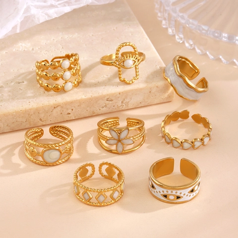 Adjustable Open Rings Stainless Steel Gold Plated White Enamel Evil Eye Flower Heart Geometric Fashion Jewelry For Women