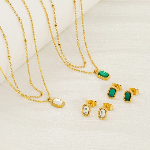 Double Layer Necklace And Earrings 18K Gold Plated Stainless Steel Emerald Cut Rhinestone Luxury Women Jewelry