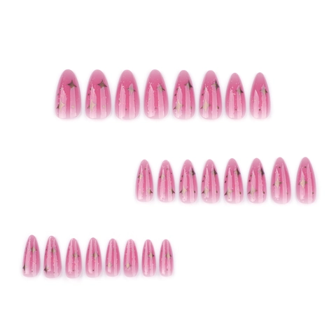 Faux Ongles Amande Dégradé Rose Avec Étoiles Dorées Et Paillettes Manucure Brillante Pour Femmes Élégant