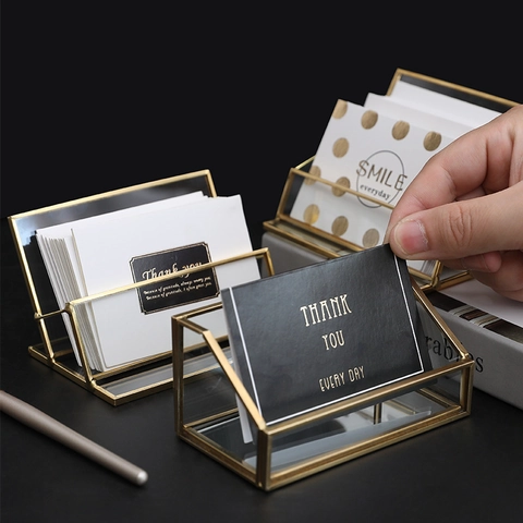 Business Card Holder Brass Glass Desktop Organizer Transparent Card Display Office Home Decor Nordic Luxury Style