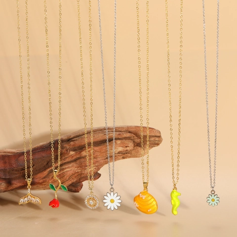 Koperen Hanger Ketting Zirconia Kunstparel Email Marine Serie Visstaart Roos Bloem Madeliefje Zeepaardje Schelp Hanger Verguld Mode Sieraden