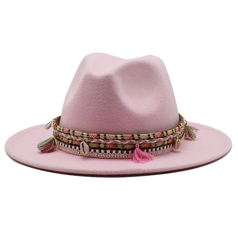 Fedora Hat Woolen Felt Bohemian Tassel Shell Decoration Ethnic Tribal Wide Flat Brim Retro Style For Women Men