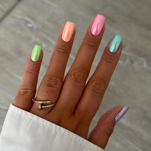 Unghie Finte Chrome Aurora Macaron Colorato Finitura Specchio Quadrato Medio Copertura Totale Per Donna