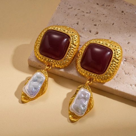 Orecchini Pendenti Vintage In Resina Rossa Quadrata E Perla Artificial Barocca Con Perno In Argento Gioielli Geometrici Da Donna