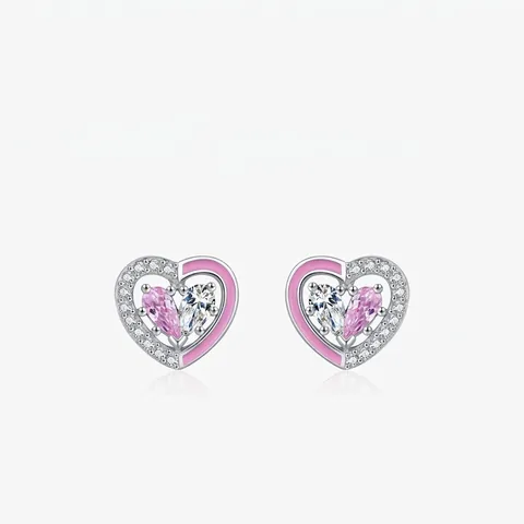 Heart Stud Earrings 925 Sterling Silver Pink Enamel Sparkling Zirconia Sweet Princess Romantic Jewelry For Women