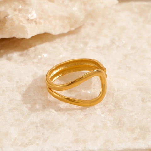 Stainless Steel Gold Plated Wavy Ring Minimalist Double Layer Geometric Adjustable Open Finger Jewelry For Women Fashion