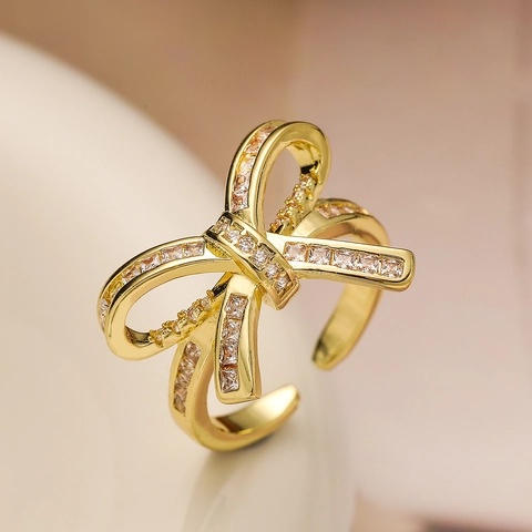 Bowknot Open Ring Copper 18K Gold Plated Cubic Zirconia Hollow Adjustable Finger Jewelry For Women Luxury Fashion